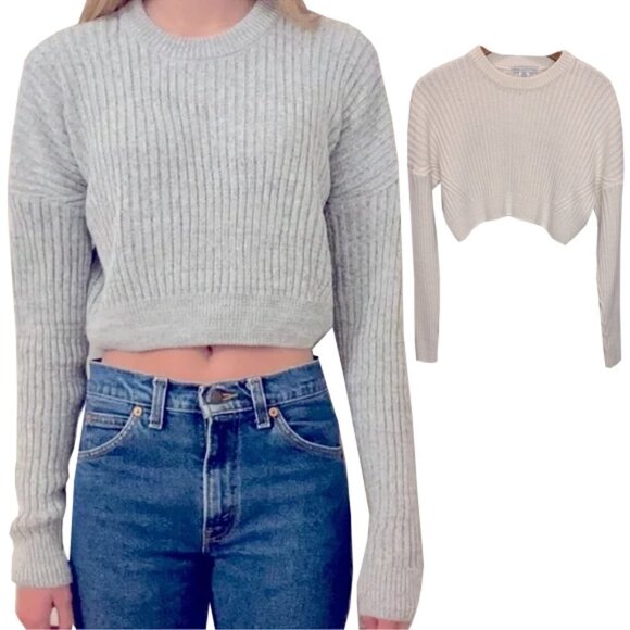 🆕 URBAN OUTFITTERS  Sweater White/Cream Crop Round Neck Long Sleeve Ribbed large - Picture 1 of 6